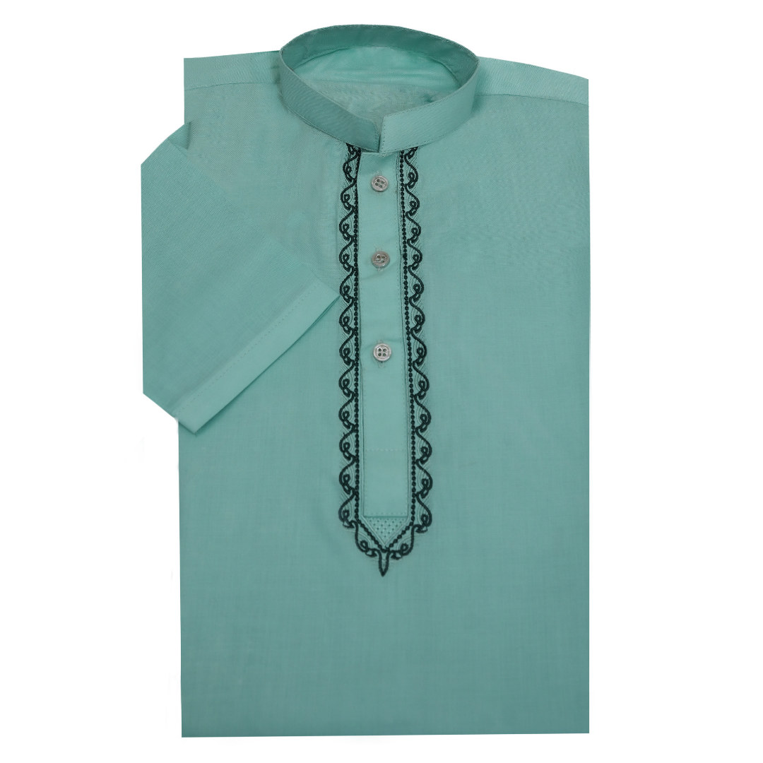Teal shirt with black embroidery on a white background Aqua Green Cotton Kurta for Kids | SHAH ROBE