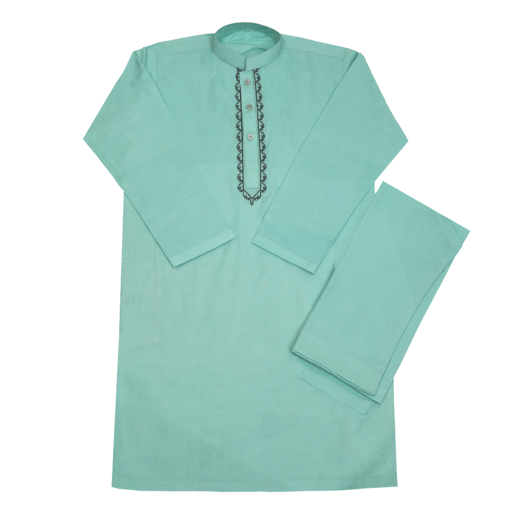 Mint green kurta with embroidered neckline on a white background Aqua Green Cotton Kurta for Kids | SHAH ROBE