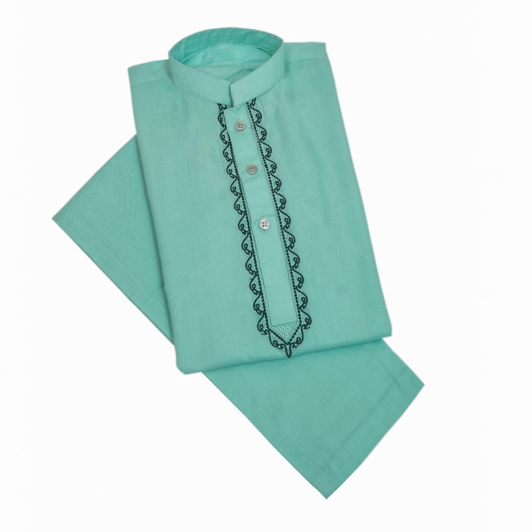 Folded turquoise shirt with black embroidery on a white background Aqua Green Cotton Kurta for Kids | SHAH ROBE
