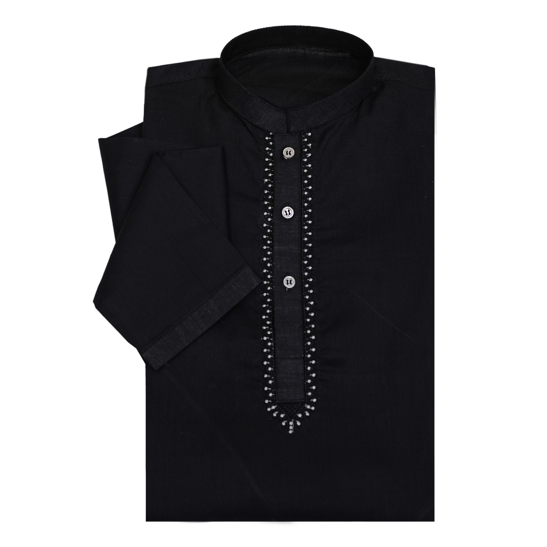 Black shirt with decorative buttons on a white background Black Cotton Kurta for Kids | SHAH ROBE