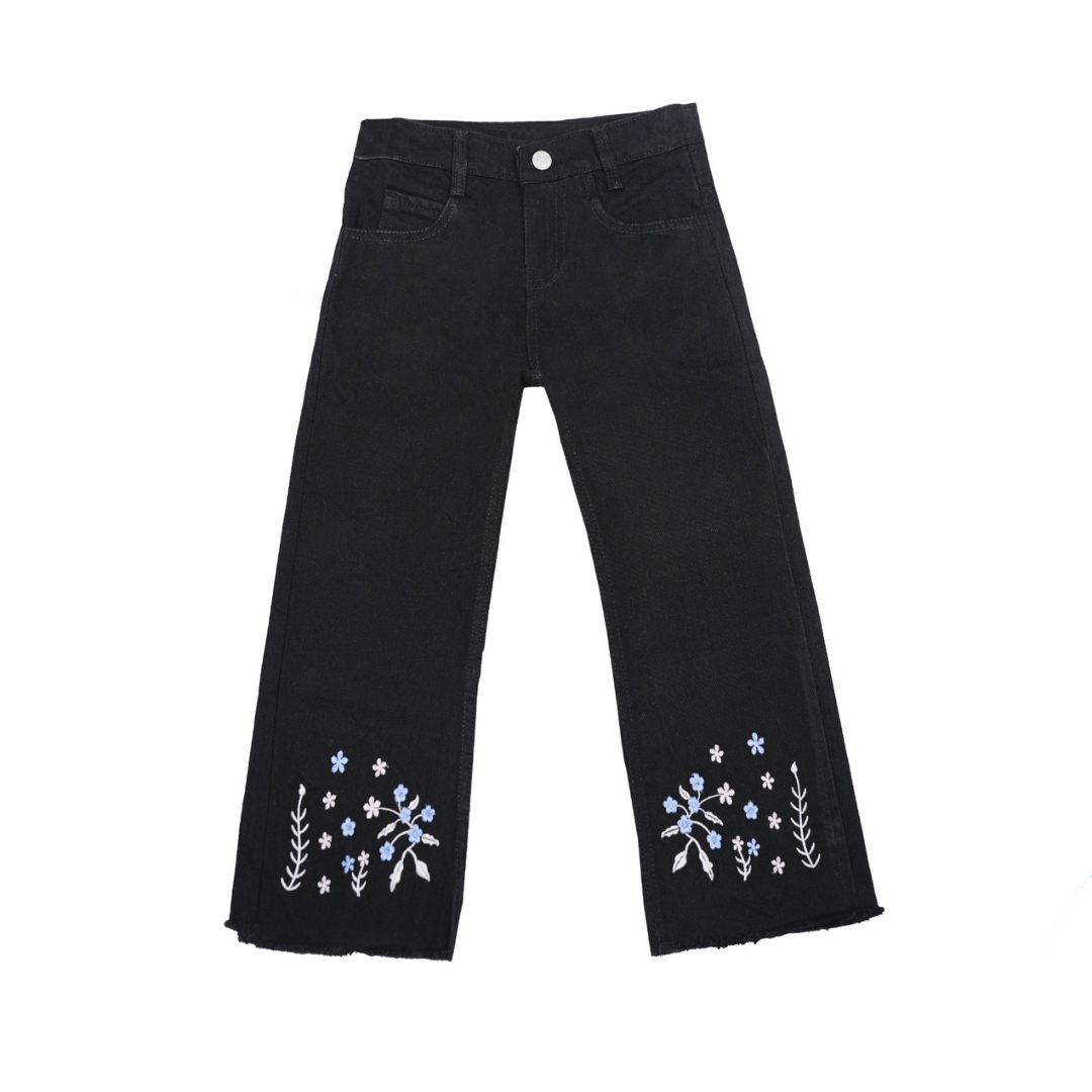 Black pants with floral embroidery on a white background Classic Black Bell Bottoms for Girls | SHAH ROBE
