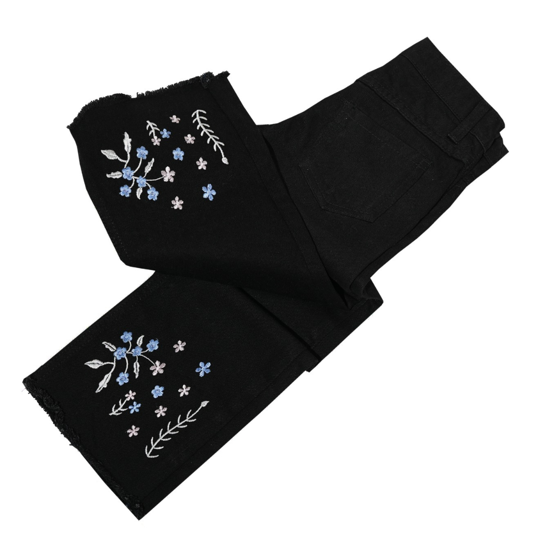 Black leggings with floral embroidery on a white background Classic Black Bell Bottoms for Girls | SHAH ROBE