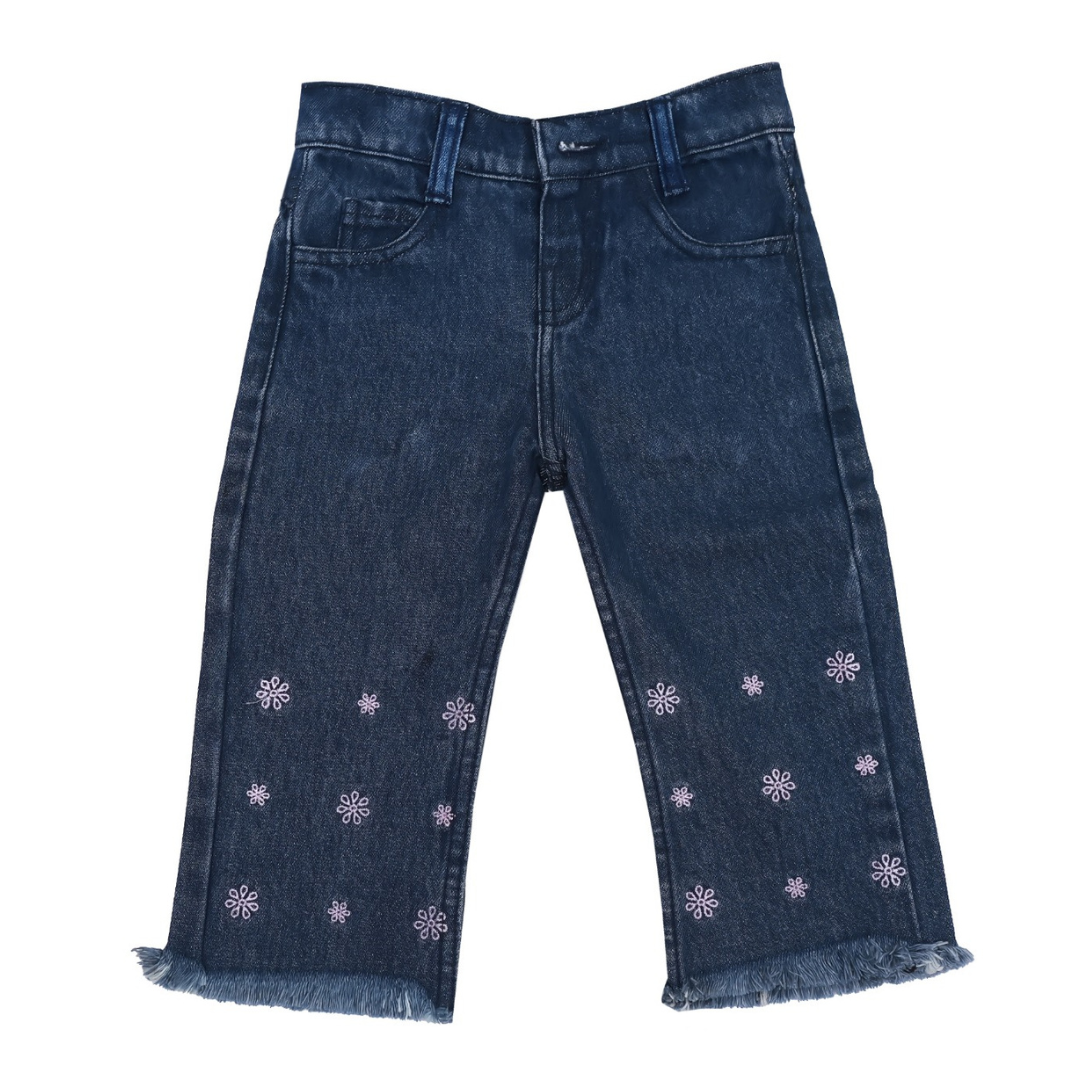 Blue jeans with floral embroidery on a white background Dark Blue Bell Bottoms for Girls | SHAH ROBE