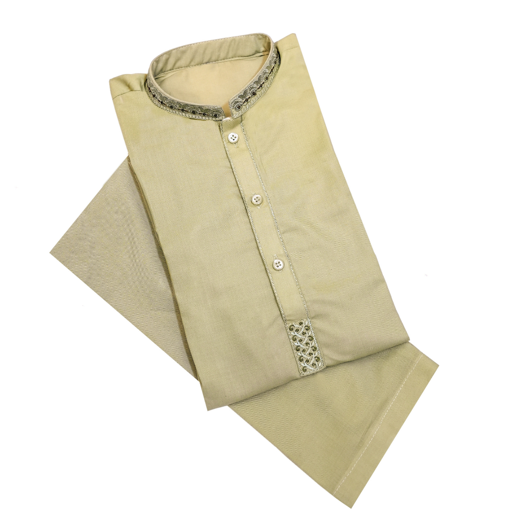 Folded beige kurta with decorative elements on a white background Desert Beige Italian Boski Kurta for Kids | SHAH ROBE