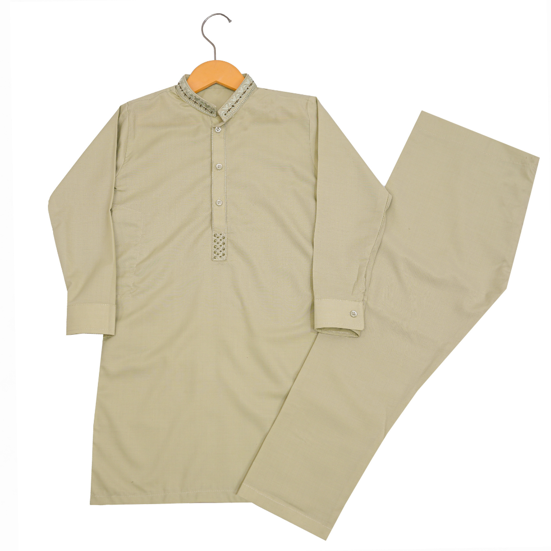 Beige kurta with pants on a hanger against a white background Desert Beige Italian Boski Kurta for Kids | SHAH ROBE