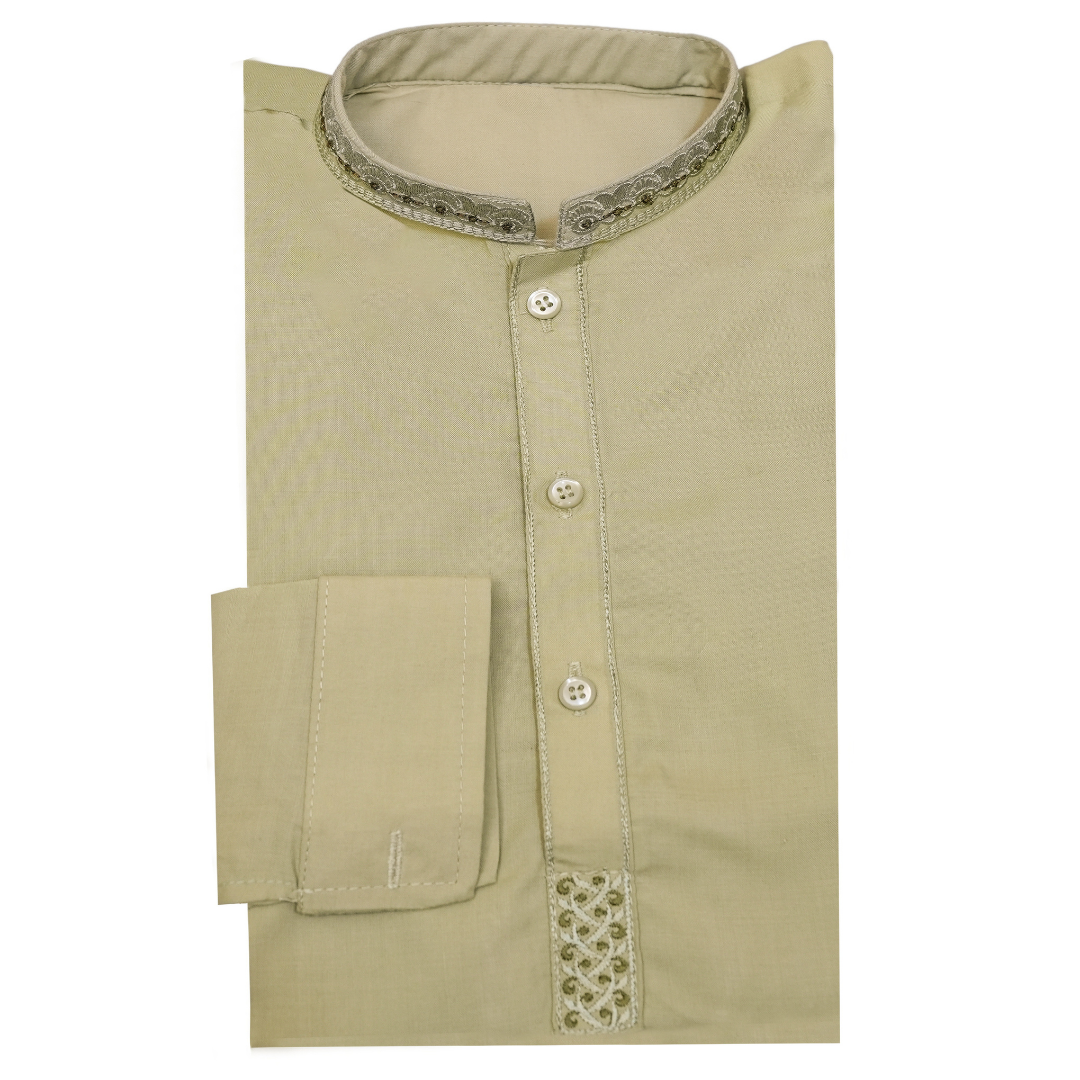 Beige shirt with intricate detailing on a white background Desert Beige Italian Boski Kurta for Kids | SHAH ROBE