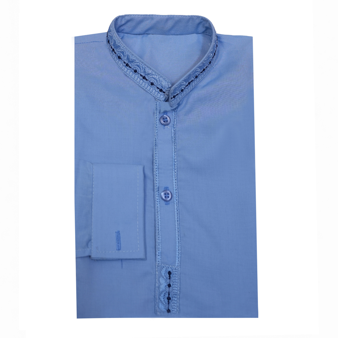 Blue shirt with a collar detail on a white background Elegant White Italian Boski Kurta for Kids | SHAH ROBE