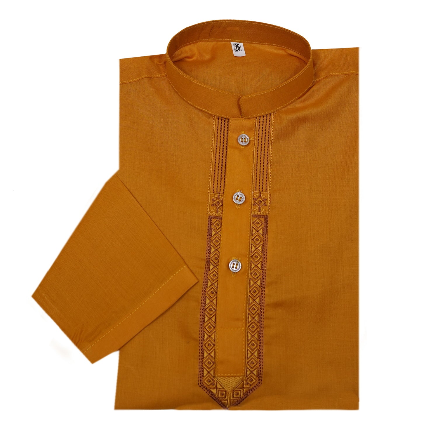 Orange traditional shirt with embroidery on a white background Mustard_Brown_Cotton_Kurta_for_Kids_SHAH_ROBE