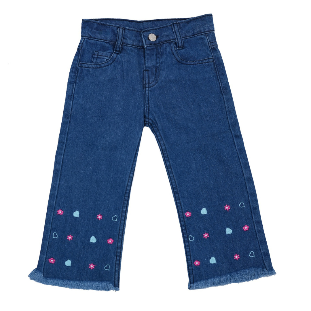 Blue jeans with decorative patterns on a white background  Navy Blue Bell Bottoms for Girls | SHAH ROBE