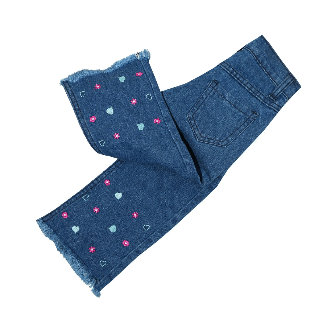 Blue jeans with colorful heart patterns on a white background Navy Blue Bell Bottoms for Girls | SHAH ROBE
