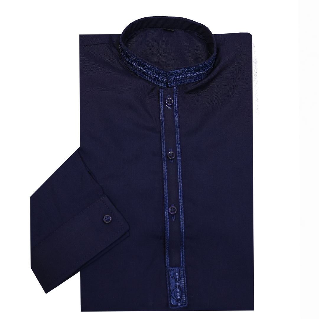 Navy blue shirt with lace trim on a white background Navy Blue Italian Boski Kurta for Kids | SHAH ROBE