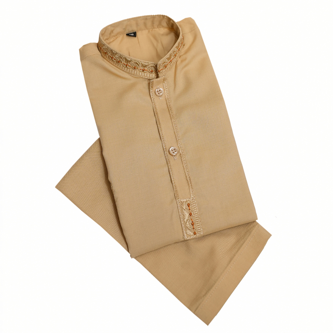 Folded beige shirt with lace details on a white background Sun-Kissed Khaddar Italian Boski Kurta for Kids | SHAH ROBE