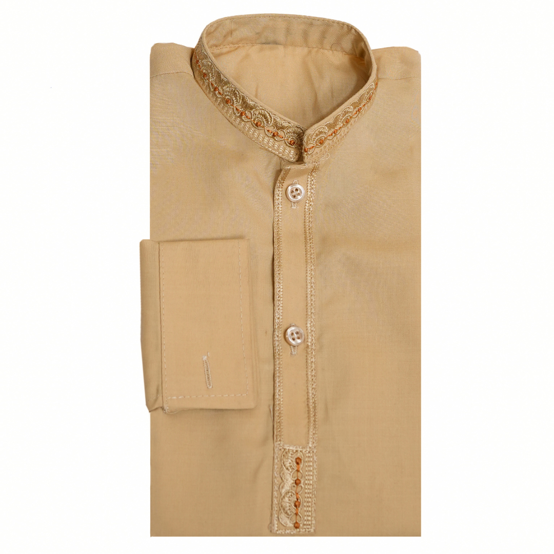 Beige embroidered shirt on a white background Sun-Kissed Khaddar Italian Boski Kurta for Kids | SHAH ROBE